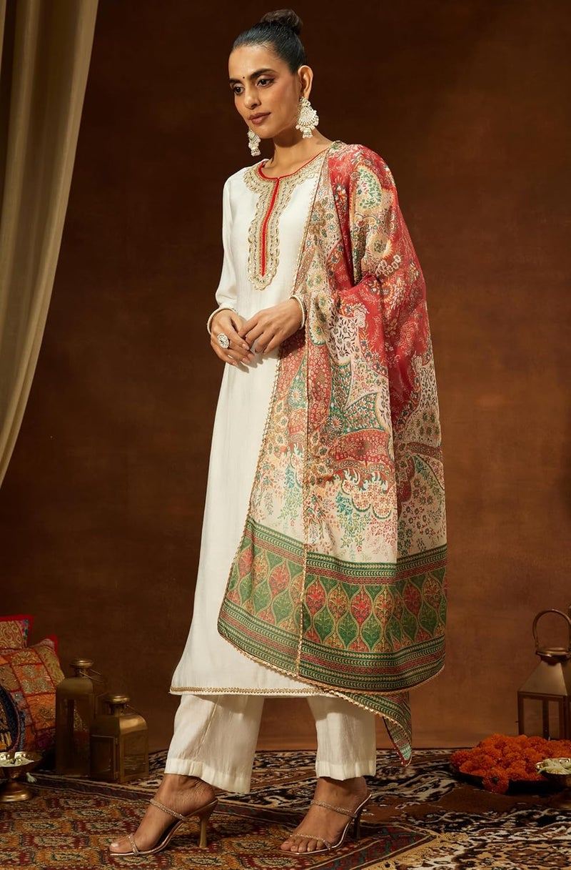 Janasya Women's Off White Silk Blend Embellished Straight Kurta Set - Image 5